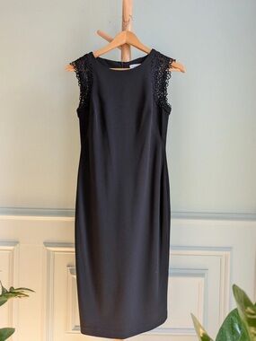 Calvin Klein Black Midi Dress with Crochet floral lace Cap Sleeves